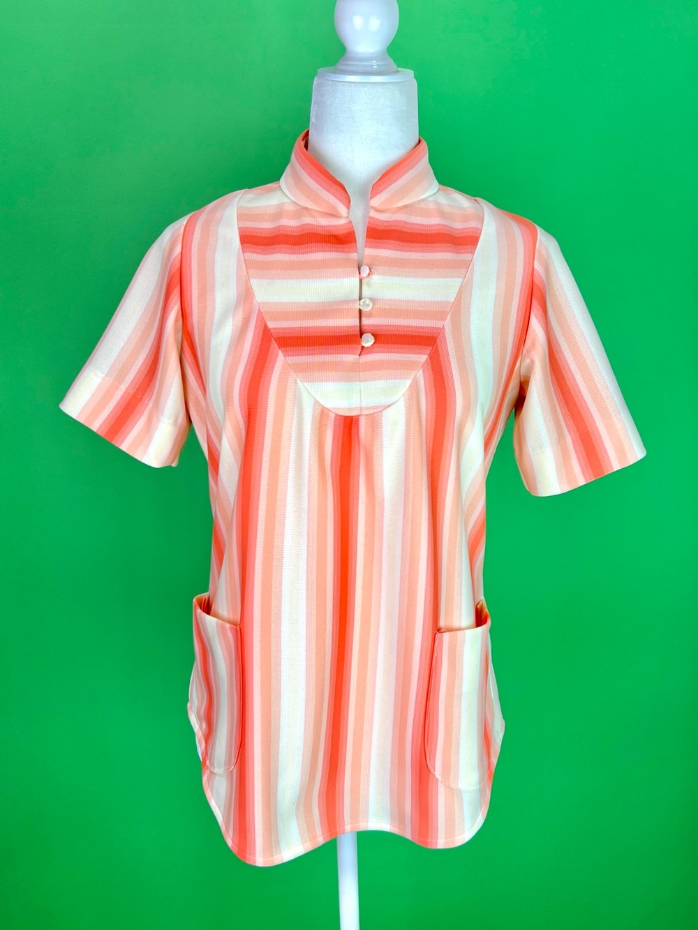 Vintage 70s Orange Peach Ombre Striped Tunic Top with Pockets - Size S/M